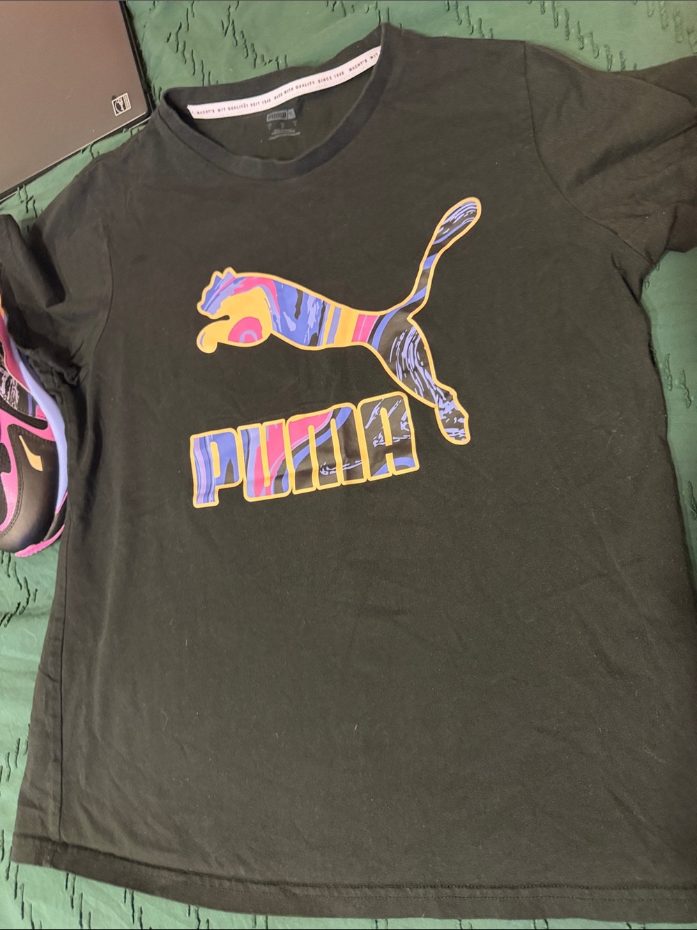 Puma Black Tee with Multicolor Striped Logo & puma sneakers size 7 in women